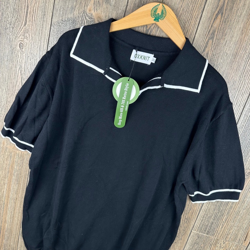 OXKNIT Mens Black Retro 60s 70s Knit Polo Shirt Short Sleeve Cotton 2XL NWT